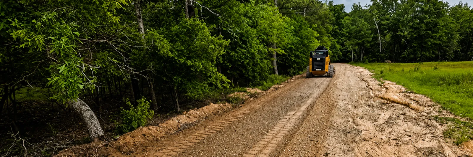 Skid steer shaping a new gravel farm road along the edge of the woods