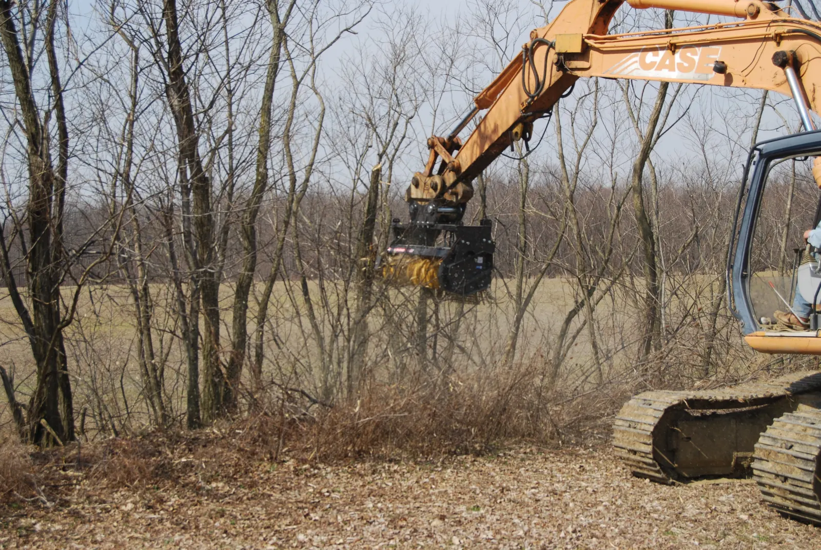 Tracked excavator with mulching head grinding saplings and brush along an overgrown field edge