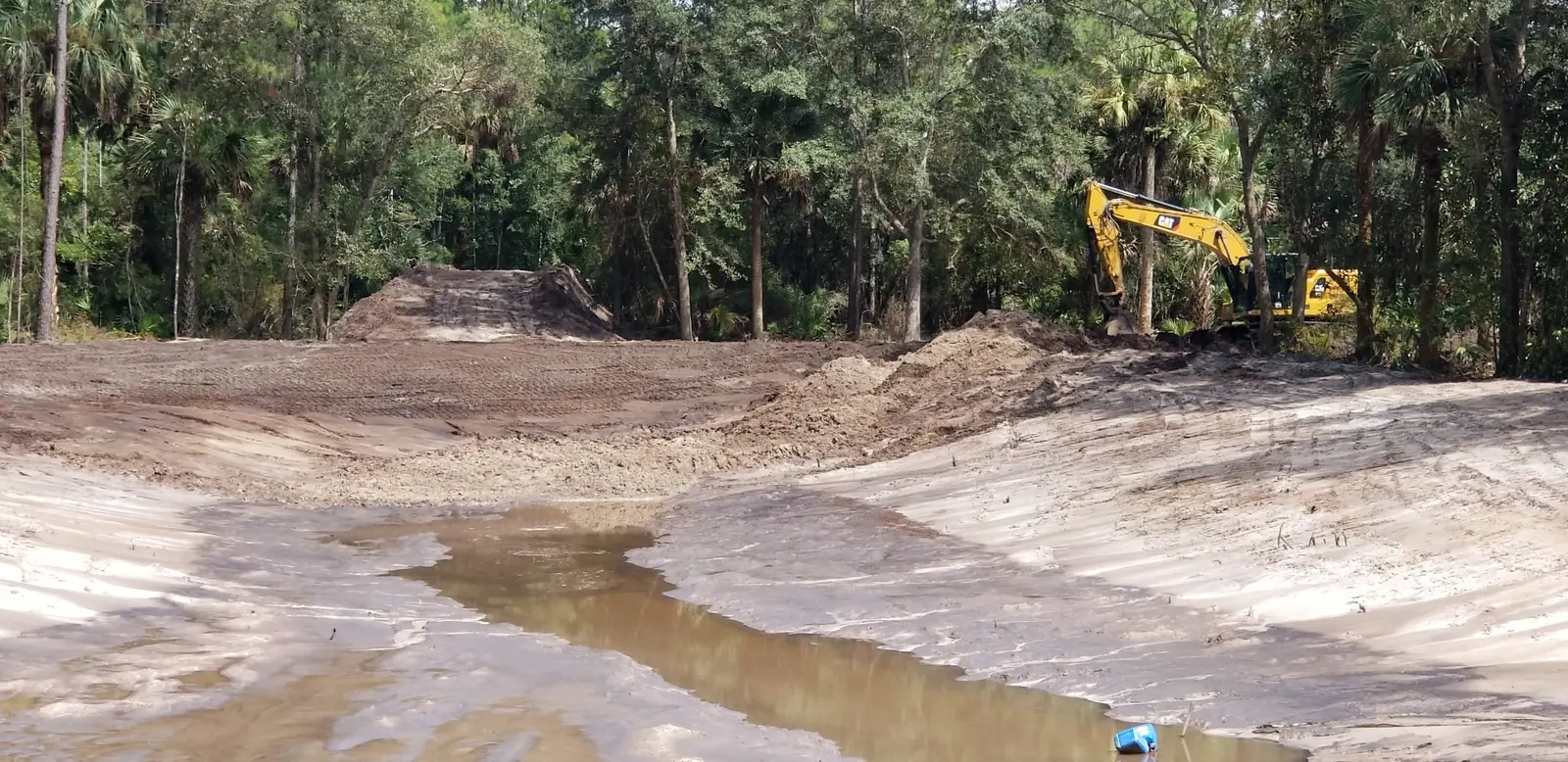 Excavator digging a new pond in sandy Florida soil at the edge of the woods, with the spoil piled beside the hole