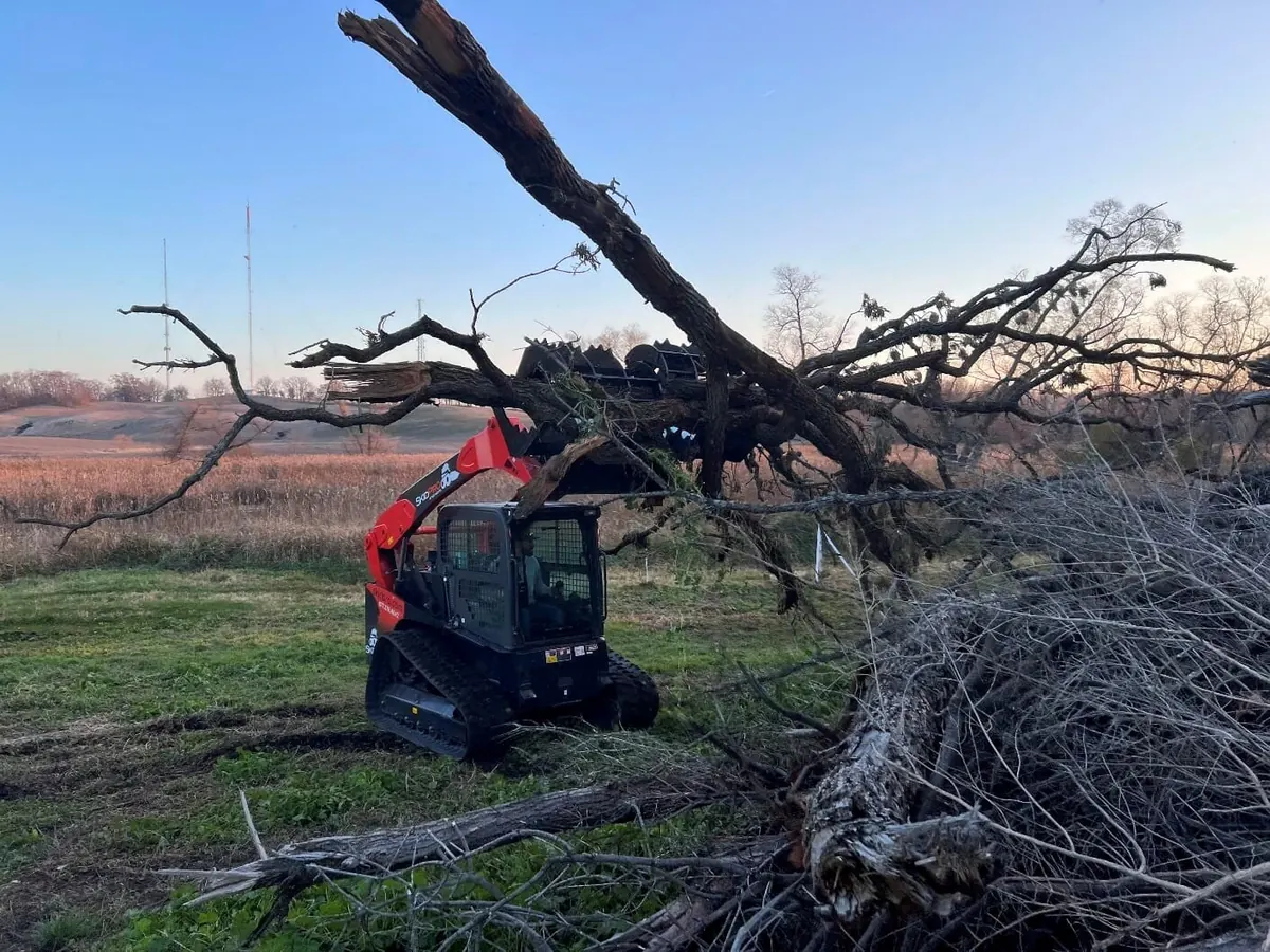 Skid steer with a grapple lifting a large downed tree beside a brush pile in an open field
